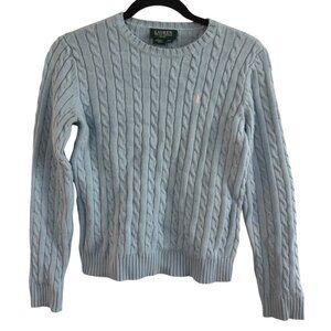 Lauren Ralph Lauren Petite Light Blue Cable Knit Sweater P/S 100% Cotton Crew Ne